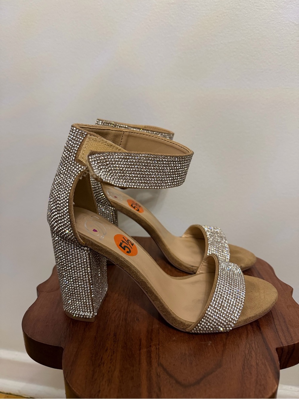 Crystal Embellished Tan Block Heel Sandals - 5.5